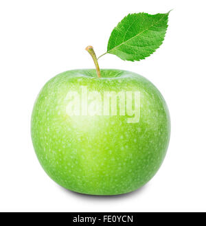 Grüner Apfel mit Blatt isoliert auf weißem Hintergrund Beschneidungspfad Stockfoto