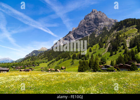 Panoramablick auf die Alpen und moderner auf dem Wanderweg in der Nähe von Kandersteg im Berner Oberland in der Schweiz Stockfoto