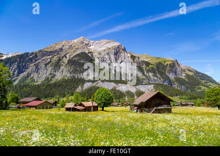 Panoramablick auf die Alpen und moderner auf dem Wanderweg in der Nähe von Kandersteg im Berner Oberland in der Schweiz Stockfoto