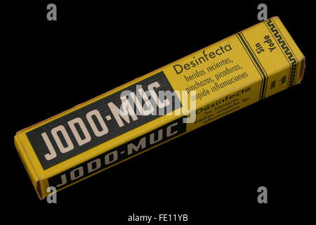 Historische deutsche Stichprobe von Jodo-Muc, deutsche Ärzte angesichts des frühen 19. Jahrhunderts Verpackung Spanisch, Französisch auf Seite Stockfoto