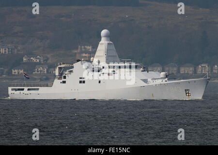 HNLMS Groningen (P843), ein Patrouillenboot der Holland-Klasse von der niederländischen Marine, kommt in den Clyde für gemeinsame Krieger 15-1. Stockfoto