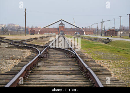 Bahn führt zum Eingang des Nazi-Vernichtungslagers Auschwitz in Polen. Stockfoto
