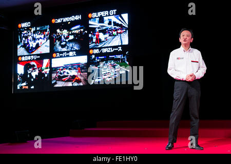 Tokio, Japan. 4. Februar 2016. Toyota Senior Managing Officer Kiyotaka Ise spricht während einer Pressekonferenz zur Toyota GAZOO Racing Team neues Logo und Zeitplan für das Jahr 2016 Toyota City Showcase am 4. Februar 2016, in Tokio, Japan. ISE stellte die Team-Mitglieder und Fahrzeuge, die unter einem neuen Logo in nationalen und internationalen Wettbewerben, darunter NASCAR in den USA, Rallye Dakar in Südamerika, und Super GT und Super Formel in Japan im Jahr 2016 teilnehmen werden. Bildnachweis: Aflo Co. Ltd./Alamy Live-Nachrichten Stockfoto