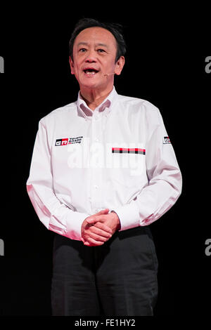 Tokio, Japan. 4. Februar 2016. Toyota Senior Managing Officer Kiyotaka Ise spricht während einer Pressekonferenz zur Toyota GAZOO Racing Team neues Logo und Zeitplan für das Jahr 2016 Toyota City Showcase am 4. Februar 2016, in Tokio, Japan. ISE stellte die Team-Mitglieder und Fahrzeuge, die unter einem neuen Logo in nationalen und internationalen Wettbewerben, darunter NASCAR in den USA, Rallye Dakar in Südamerika, und Super GT und Super Formel in Japan im Jahr 2016 teilnehmen werden. Bildnachweis: Aflo Co. Ltd./Alamy Live-Nachrichten Stockfoto