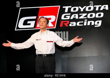 Tokio, Japan. 4. Februar 2016. Toyota Senior Managing Officer Kiyotaka Ise spricht während einer Pressekonferenz zur Toyota GAZOO Racing Team neues Logo und Zeitplan für das Jahr 2016 Toyota City Showcase am 4. Februar 2016, in Tokio, Japan. ISE stellte die Team-Mitglieder und Fahrzeuge, die unter einem neuen Logo in nationalen und internationalen Wettbewerben, darunter NASCAR in den USA, Rallye Dakar in Südamerika, und Super GT und Super Formel in Japan im Jahr 2016 teilnehmen werden. Bildnachweis: Aflo Co. Ltd./Alamy Live-Nachrichten Stockfoto