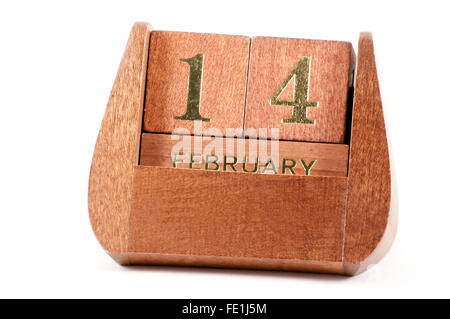 Isolierte Holz Kalender 14. Februar über weiß Stockfoto