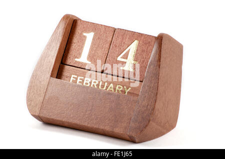 Isolierte Holz Kalender 14. Februar über weiß Stockfoto