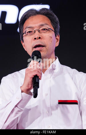 Tokio, Japan. 4. Februar 2016. Toyota Motorsport GmbH-Präsident Toshio Sato spricht während einer Pressekonferenz zur Toyota GAZOO Racing Team neues Logo und Zeitplan für das Jahr 2016 Toyota City Showcase am 4. Februar 2016, in Tokio, Japan. Toyota Senior Managing Officer Kiyotaka Ise stellte die Team-Mitglieder und Fahrzeuge, die unter einem neuen Logo in nationalen und internationalen Wettbewerben, darunter NASCAR in den USA, Rallye Dakar in Südamerika, und Super GT und Super Formel in Japan im Jahr 2016 teilnehmen werden. Bildnachweis: Aflo Co. Ltd./Alamy Live-Nachrichten Stockfoto