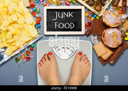 Ungesunde Ernährung - Übergewicht. Füße auf Personenwaage Stockfoto
