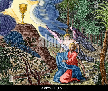 Neuen Testaments. Matthew. Kapitel 26. Jesus betet im Garten Gethsemane. Ein Engel erscheint ihm Trost zu spenden. Gravur. Farbige. Stockfoto