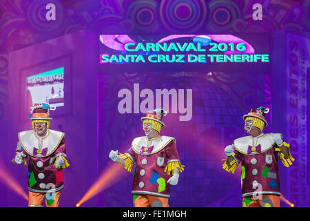 Teneriffa, Spanien. 3. Februar 2016. Tänzer und Sänger unterhaltsam bei der Gala-Wahl der Carnaval Queen in Santa Cruz De Tenerife, Kanarische Inseln, Spanien. Stockfoto