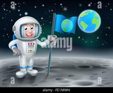 Ein Beispiel für eine Cartoon-Astronaut hält eine Fahne auf Erden Mond mit der Erde im Hintergrund Stockfoto