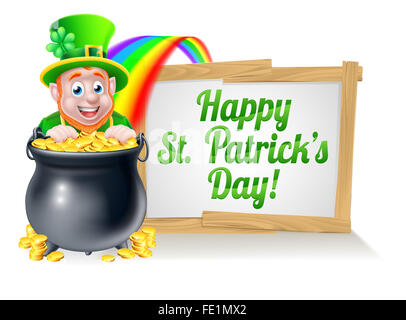 Kobold Cartoon St Patricks Day Charakter peeking über einen Topf voll Gold am Ende des Regenbogens mit einem Schild St. Patricks Day Stockfoto