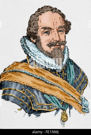 Maurice von Nassau (1567-1625). Prince of Orange von 1618 und Statthalter der Vereinigten Provinzen der Niederlande (außer in der Provinz Friesland) aus frühesten 1585 bis zu seinem Tod im Jahre 1625. Porträt in "La Ilustracion Española y Americana".  Kupferstich, 1876. Farbige. Stockfoto