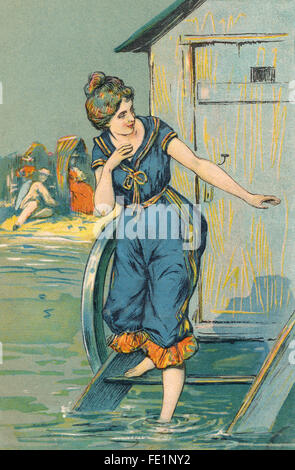 Postkarte - vintage Abbildung eines Edwardian lady in Badebekleidung treten in das Meer von einem baden-Hütte. Stockfoto