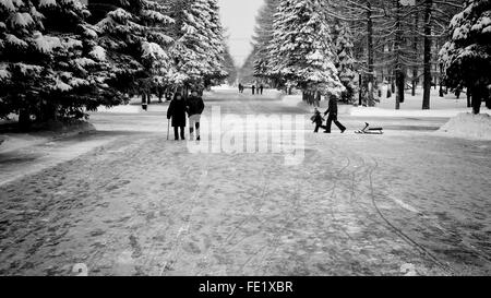 UFA - Russland 16. Januar 2016 - Leute und Kinder spielen im Winterschnee von Victory Park, die vom Schnee befreit ist jeder Stockfoto