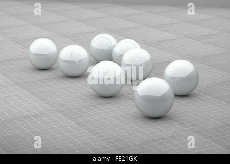 3D-Rendering mehrere weiße futuristische Kugeln auf Fliesenboden. Stockfoto