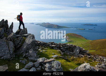 Walker über Slea Head und die Blasket Islands von Eagle Mountain, County Kerry, Irland. Stockfoto