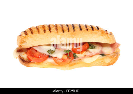 Mozzarella-Käse, Schinken, Tomate und Basilikum isoliert Panini gegen weiß Stockfoto