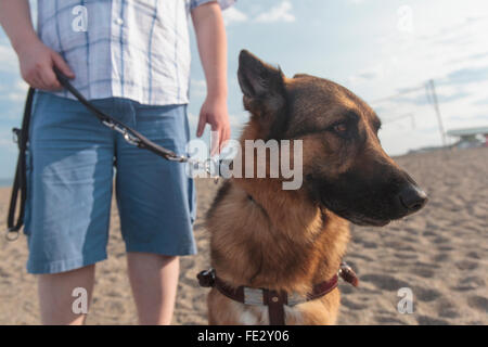 Blinder Mann zu Fuß entlang des Strandes mit seinem Servicehund Stockfoto