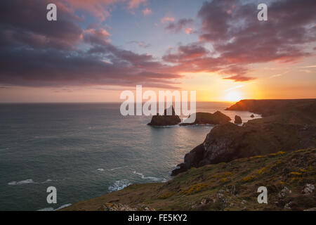 Eine zerklüftete Küsten Sonnenuntergang in Cornwall. Klippen mit Blick auf das Meer bei Sonnenaufgang. Ein Cornish Coastal Szene mit einem bunten Himmel. Stockfoto