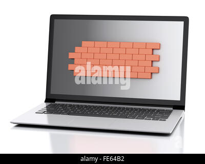 3D Renderer Bild. Laptop mit Mauer. Firewall-Konzept. Isolierten weißen Hintergrund Stockfoto