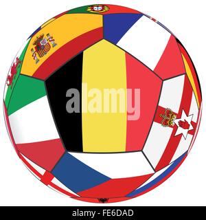 Fußball auf einem weißen Hintergrund mit Flaggen der europäischen Länder - dominante Flagge Belgien Stock Vektor