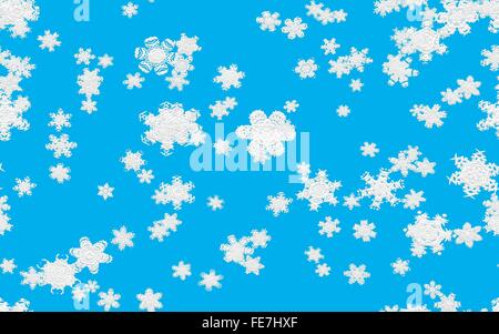 Schneefall Illustration mit gefallene Schneeflocken auf blauem Hintergrund. Stockfoto