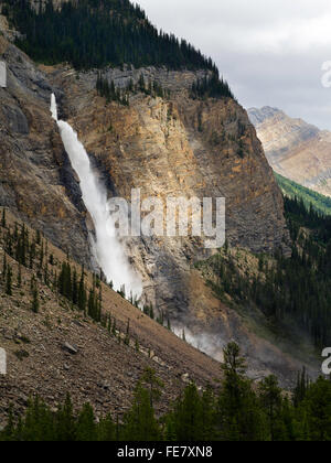 Blick auf gespeisten Wasserfälle an einem bewölkten Tag; Yoho-Nationalpark, in der Nähe von Field, Britisch-Kolumbien, Kanada Stockfoto