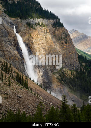 Blick auf gespeisten Wasserfälle an einem bewölkten Tag; Yoho-Nationalpark, in der Nähe von Field, Britisch-Kolumbien, Kanada Stockfoto