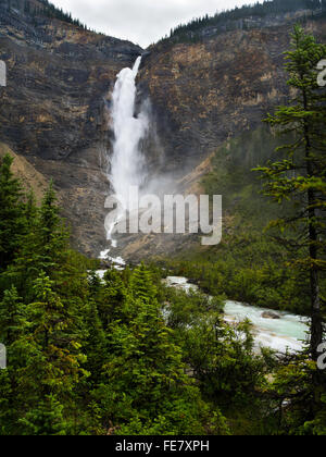 Blick auf gespeisten Wasserfälle an einem bewölkten Tag; Yoho-Nationalpark, in der Nähe von Field, Britisch-Kolumbien, Kanada Stockfoto