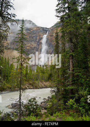 Blick auf gespeisten Wasserfälle an einem bewölkten Tag; Yoho-Nationalpark, in der Nähe von Field, Britisch-Kolumbien, Kanada Stockfoto