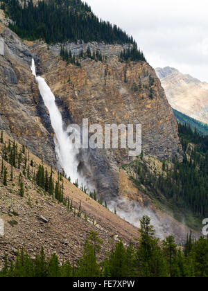 Blick auf gespeisten Wasserfälle an einem bewölkten Tag; Yoho-Nationalpark, in der Nähe von Field, Britisch-Kolumbien, Kanada Stockfoto