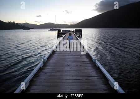 Bild von Tim Cuff - Charlie läuft auf dem Steg Furneaux Lodge, Queen Charlotte Track, Marlborough, Neuseeland Stockfoto