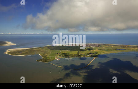 Hafen und Flinthörn, Wattenmeer, niedrige Wolken, Antenne, Langeoog, Nordsee, Nordsee Insel, Ostfriesischen Inseln, Niedersachsen, Stockfoto