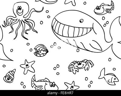 Nahtlose Spaß Meer Kreaturen Doodle, leeren schwarzen Umriss Stockfoto