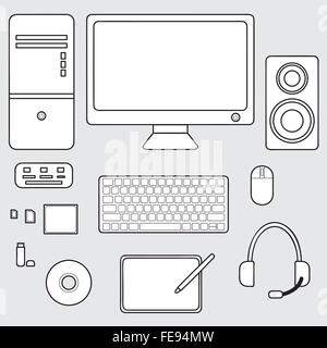 Abbildung von Computer-Zubehör-Kollektion, Tastatur, Maus, Kopfhörer Stock Vektor