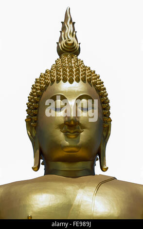 Goldene Buddha-Statue isoliert auf weißem Hintergrund. Stockfoto