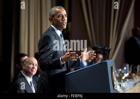 Washington DC, USA. 4. Februar 2016. US-Präsident Barack Obama liefert Bemerkungen während der jährlichen Nationalen Gebetsfrühstück im Washington Hilton 4. Februar 2016 in Washington, DC Stockfoto