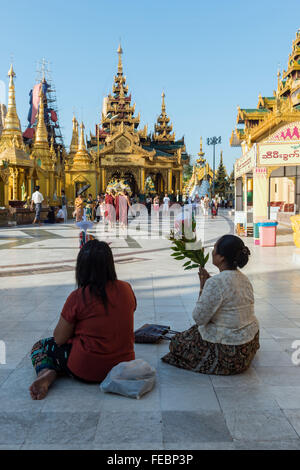 Frauen beten in der Shwedagon-Pagode. Rangun, Myanmar Stockfoto