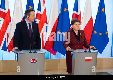 Warschau, Polen. 5. Februar 2016. Pressekonferenz des polnischen Ministerpräsidenten Beata Szydlo und British Prime Minister David Cameron in der Kanzlei des polnischen Ministerpräsidenten 5. Februar 2016 in Warschau, Polen. Bildnachweis: MW/Alamy Live-Nachrichten Stockfoto