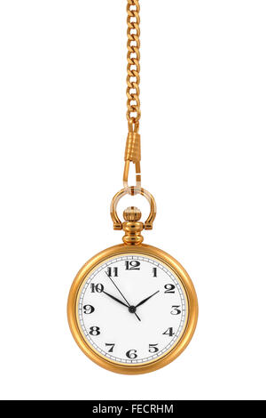 Goldene Taschenuhr und Kette, isoliert auf weißem Hintergrund, Schneidepfad enthalten. Stockfoto