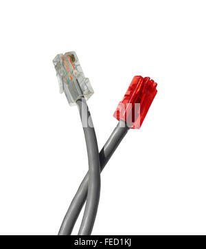 Zwei twisted-Pair-Kabel mit roten und weißen Buchsen isoliert auf weißem Background Stockfoto