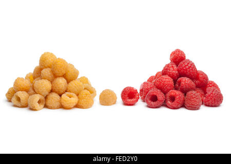 Frische gelbe und rote Himbeeren auf weißen Background Stockfoto