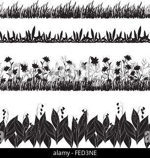 Blumen und Rasen Silhouette, nahtlose festlegen Stock Vektor