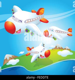 Cute Flugzeug fliegen in den Himmel. Anreise mit dem Flugzeug. Flugzeug im Himmel mit Sonne, Weltkarte und Wolken. Flight Design. Lustig niedlich Flugzeug fliegt in der Luft Stock Vektor