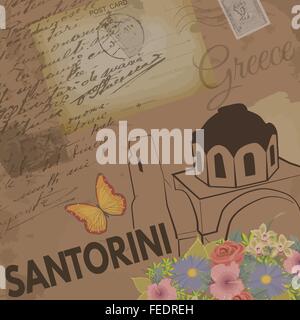 Santorini Vintage Poster an nostalgischen Retro-Hintergrund mit alten Postkarten und Briefe, Vektor-illustration Stock Vektor
