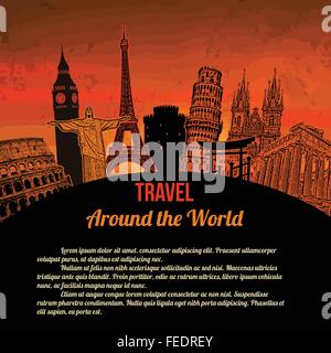 Reise um die Welt, Vintage touristische Poster auf orangem Hintergrund mit Platz für Ihren Text, Vektor-illustration Stock Vektor
