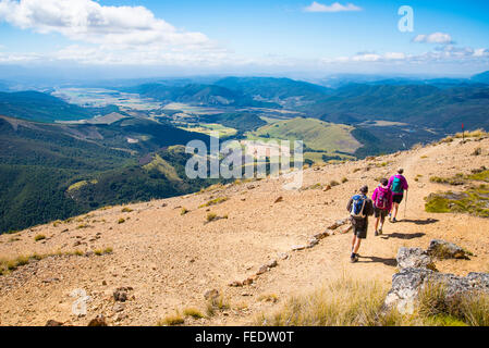 Wanderer Pinchgut Track auf Mount Robert über Lake Rotoiti im Nelson Lakes National Park Südinsel Neuseeland absteigend Stockfoto