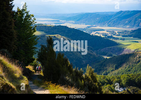 Wanderer Pinchgut Track auf Mount Robert über Lake Rotoiti im Nelson Lakes National Park Südinsel Neuseeland absteigend Stockfoto